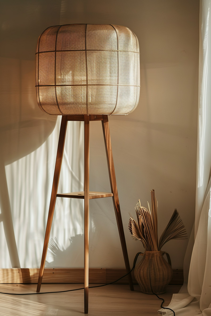 A tall floor lamp with a woven shade stands in a warm, sunlit room next to a vase with dried palm leaves.