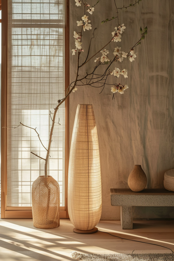 ALT text: A serene interior with warm sunlight filtering through a window, showcasing a large woven floor lamp, decorative vases, and blossoming branches.