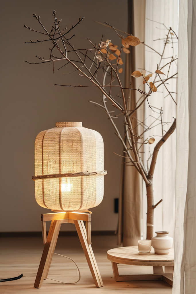 A cozy interior scene with a glowing woven lamp on a wooden stand next to a bare-branched plant and small ceramic dishes on a shelf.