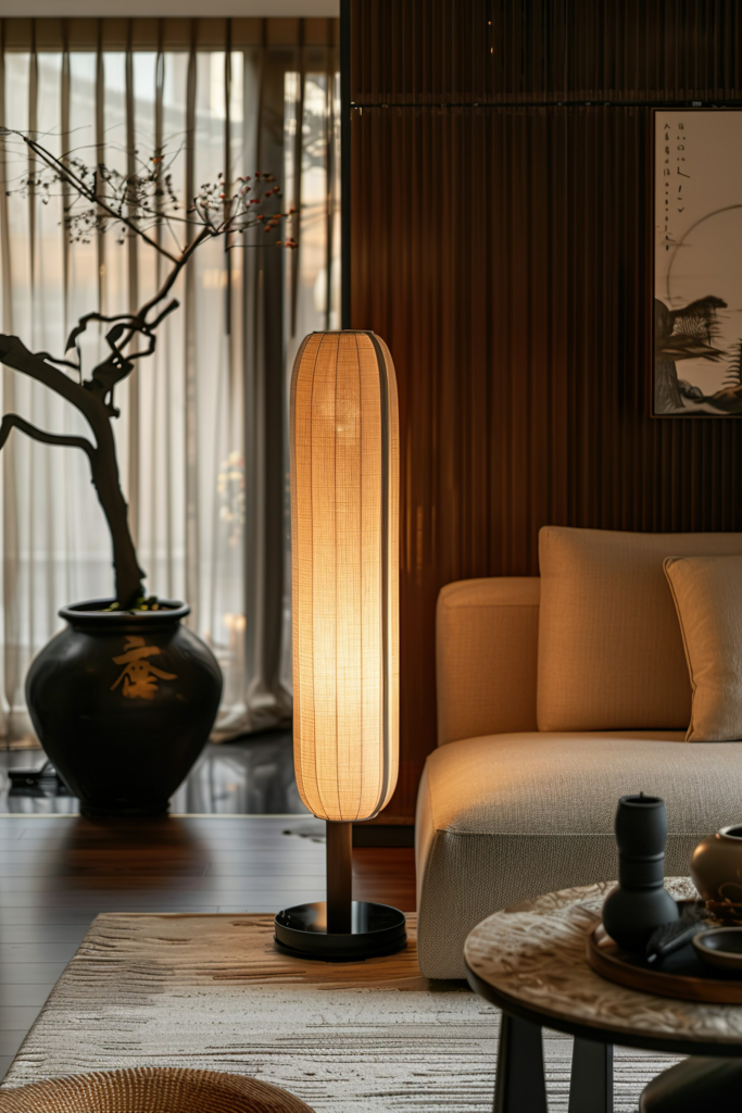 A warmly illuminated floor lamp with a textured shade stands in a cozy room with elegant Asian-inspired decor.