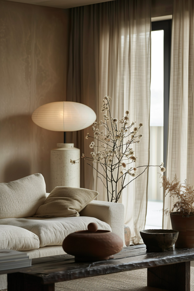 ALT: A cozy corner with a beige sofa, a round table lamp on a white stand, dried flowers in a vase, and clay pottery on a wooden table.
