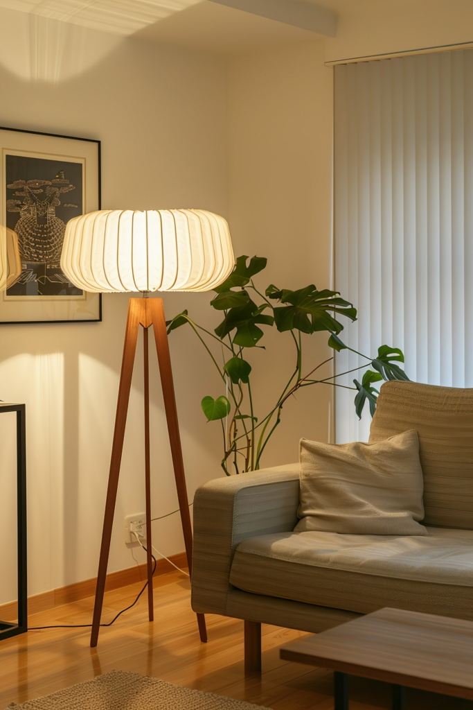Cozy living room corner with a floor lamp, green plant, artwork, and a part of a beige sofa.