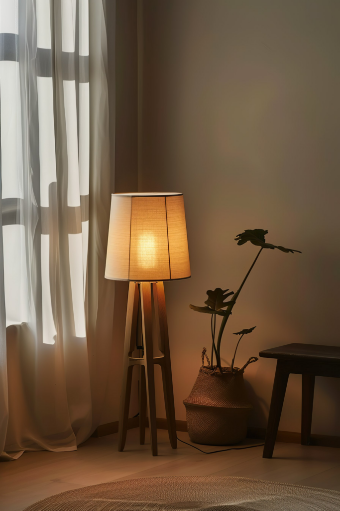 A cozy corner featuring an illuminated lamp on a stool, sheer curtains, a potted plant, and a small table, creating a warm ambiance.