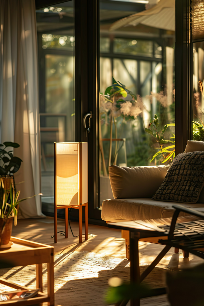 Warm sunlight filters through a cozy room with a floor lamp, plants, and a comfortable chair beside sliding glass doors.