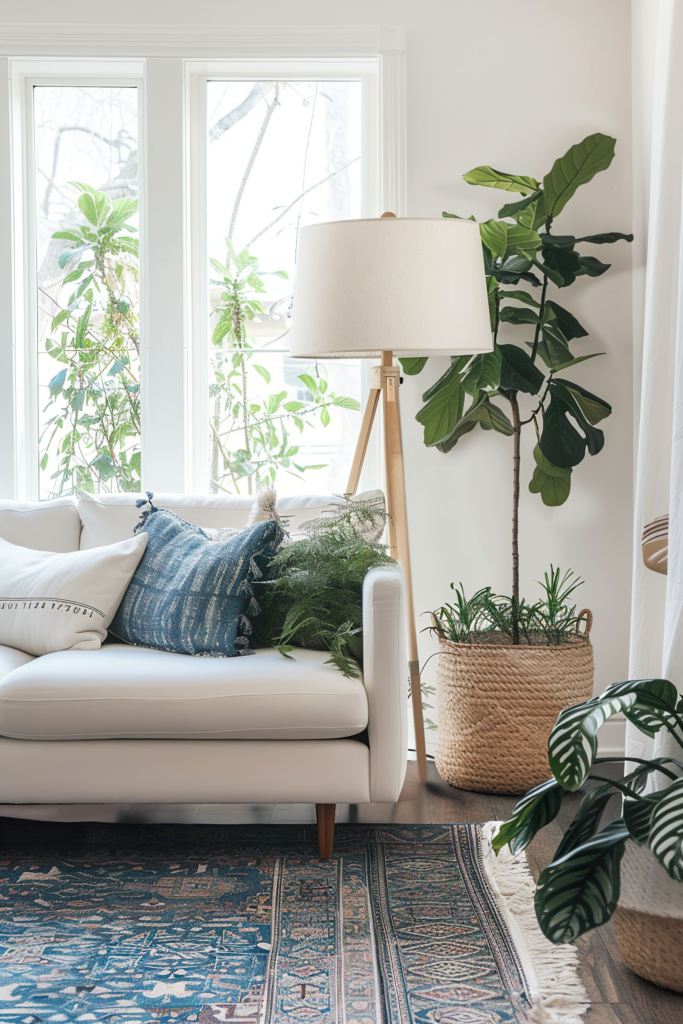 Cozy corner of a room with a white sofa adorned with pillows, a floor lamp, potted plants, and a patterned rug by a window.