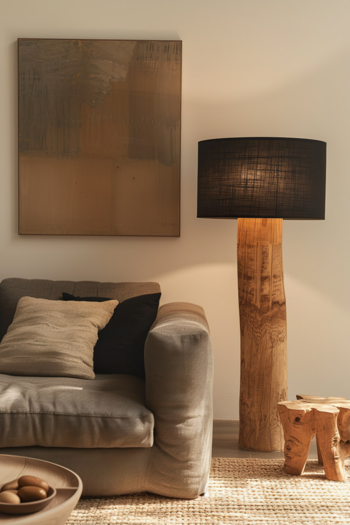 Cozy room corner with a grey armchair, wooden floor lamp and side table, abstract painting, and a bowl on the table.