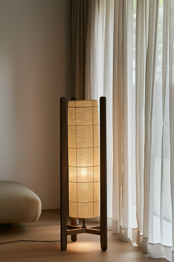 "Floor lamp with a glowing square fabric shade on a wooden stand beside sheer curtains and a footstool in a cozy room."