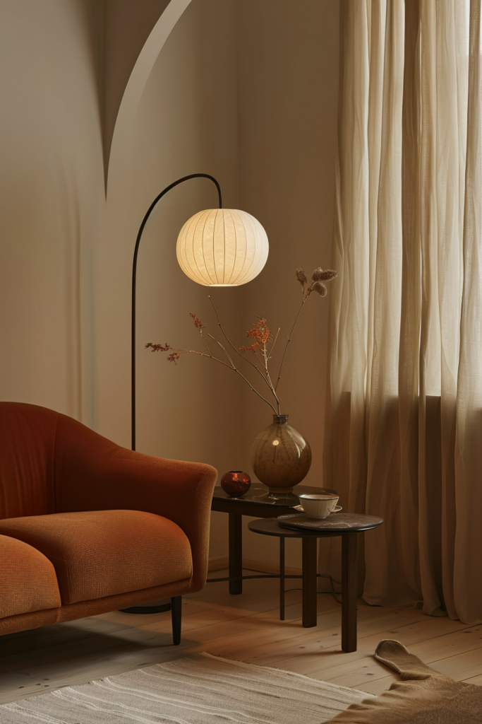 A cozy corner with a modern orange sofa, an arched floor lamp with a white shade, a side table with a vase, dried flowers, and a cup.