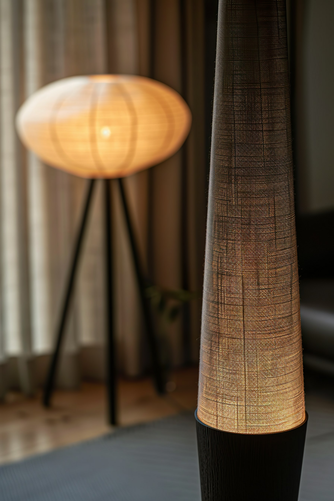 A modern floor lamp with a circular shade glowing warmly near a textured curtain in a cozy interior setting.