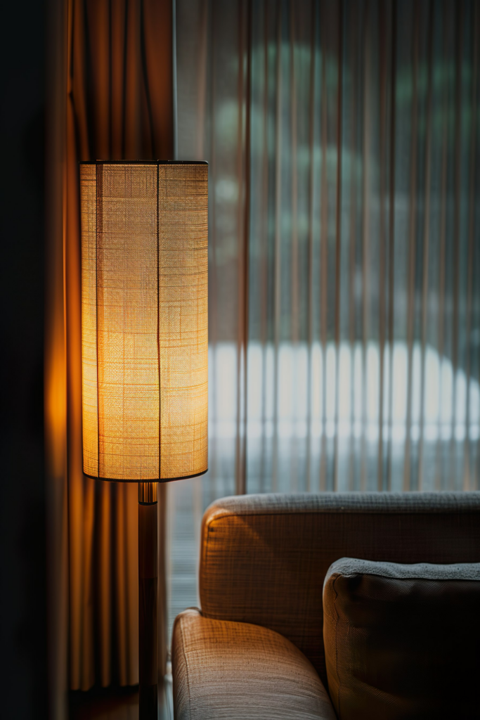 A warm-glowing floor lamp next to a textured sofa with sheer curtains in the background.