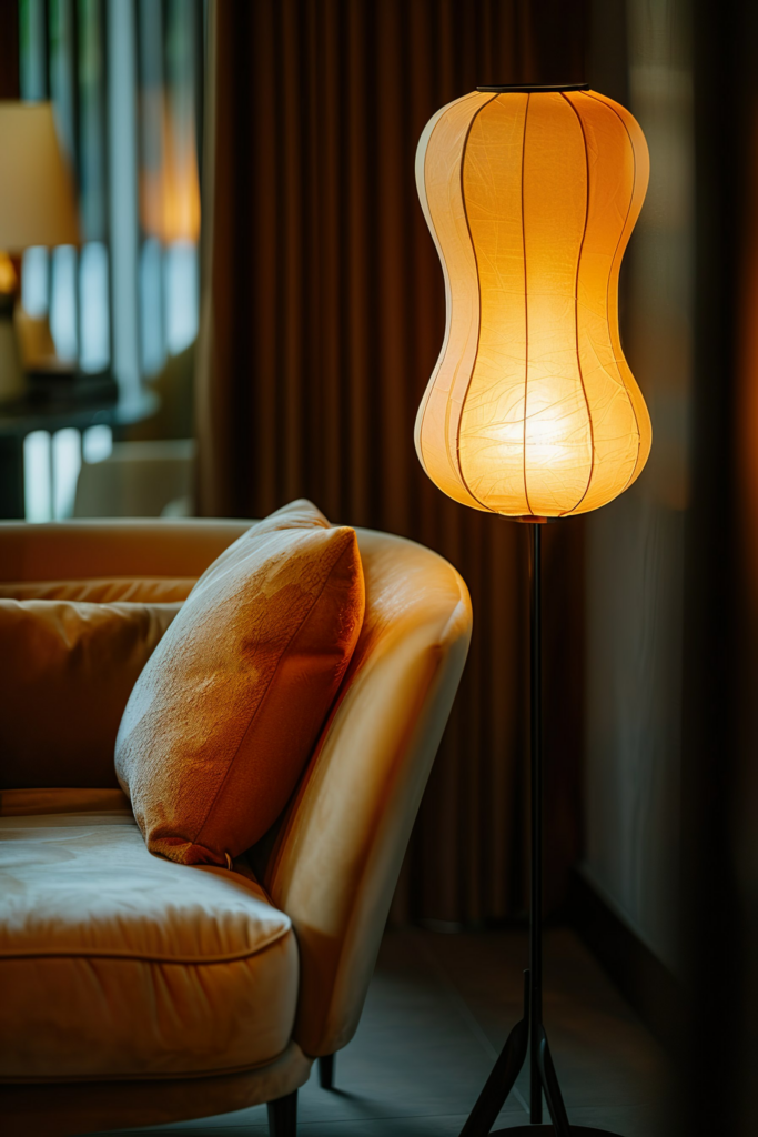 Warmly lit modern floor lamp beside a tan armchair with a cushion in a cozy room setting.