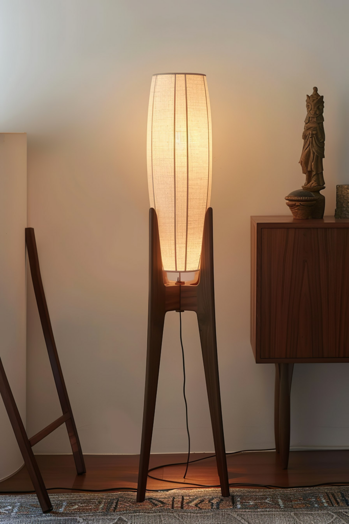 A modern floor lamp with a warm light on next to a cabinet and a statue, creating a cozy atmosphere in the room.