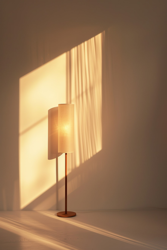 A warm-hued floor lamp casts soft light and shadow patterns on a plain wall in a dimly lit room.