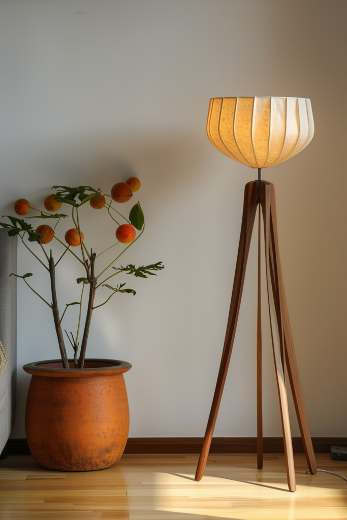 A warm-lit floor lamp beside a potted plant with ripe oranges against a neutral wall on a wooden floor.