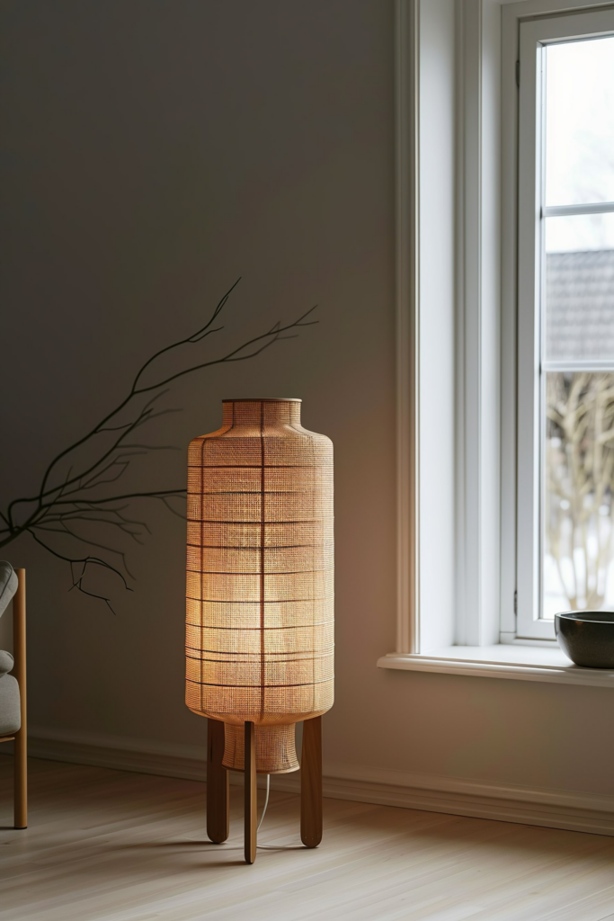A tall, illuminated floor lamp with a woven shade stands by a window in a cozy room with soft lighting and minimal decor.