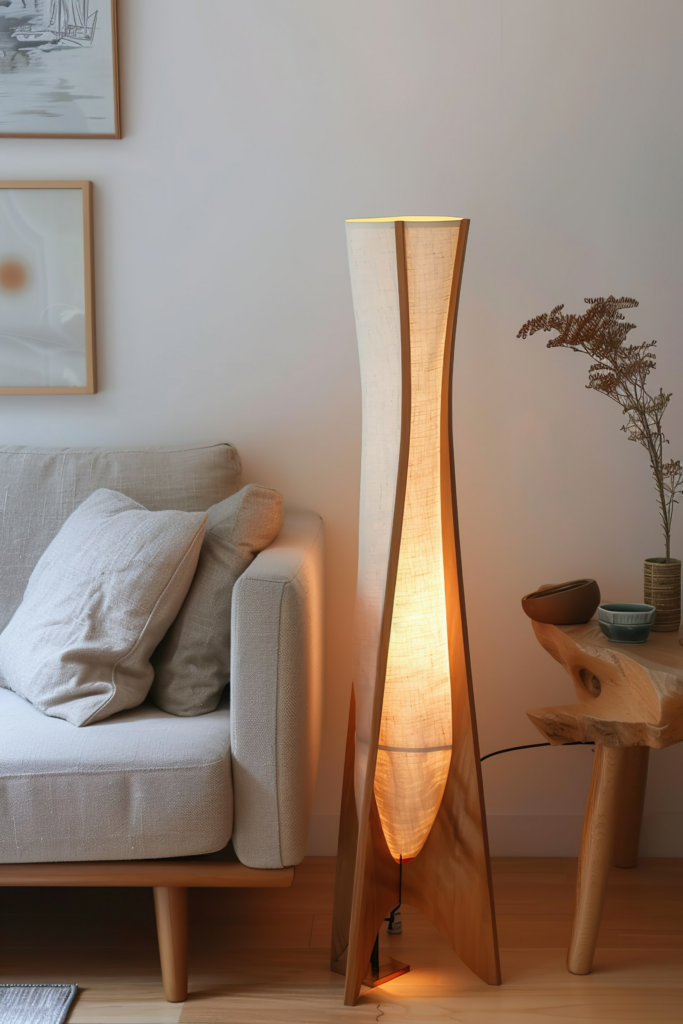 A modern floor lamp with a warm light next to a cozy chair with pillows and a rustic wooden side table.