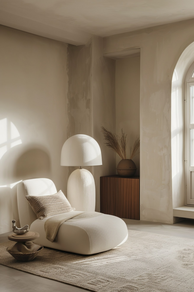 A modern minimalist living room with a beige sofa, matching lamp, wooden sideboard, and textured rug in a soft, natural light setting.