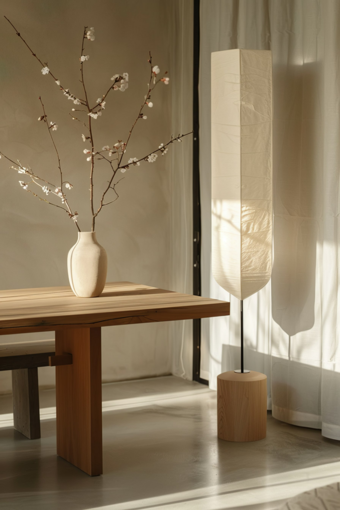 ALT: A serene interior scene with a vase of flowering branches on a wooden table, next to a standing paper lantern, bathed in diffuse sunlight.