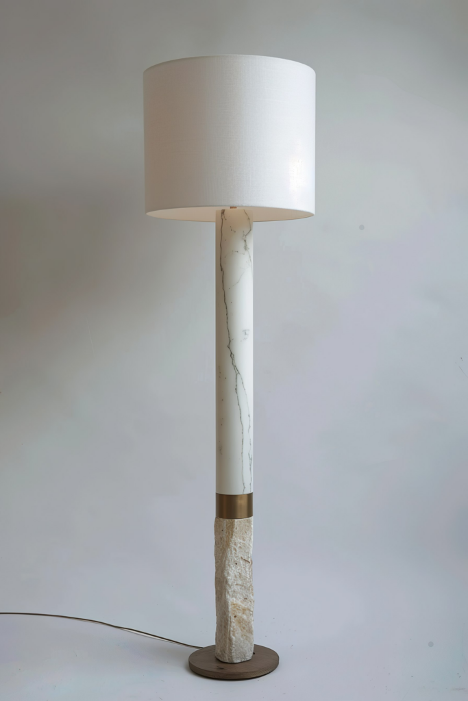 ALT: A modern floor lamp with a white shade and a marble-patterned column with a golden accent, standing on a dark circular base.