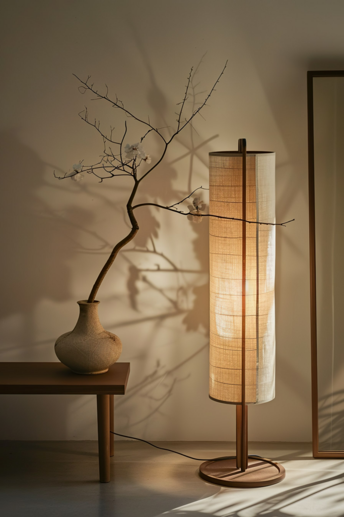 Floor lamp casts a warm glow next to a vase with bare branches and blooms on a wooden bench; shadows play on the wall.