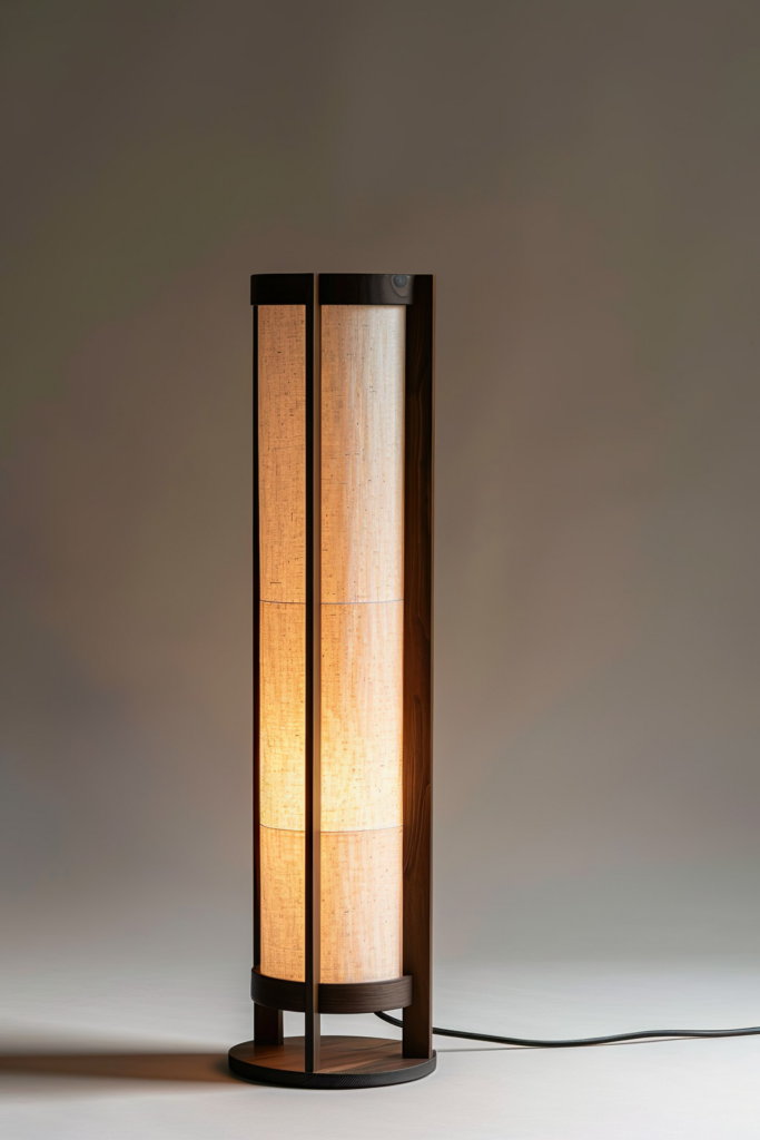 A modern floor lamp with a warm light glowing from a cylindrical fabric shade, surrounded by a dark wooden frame, against a neutral background.