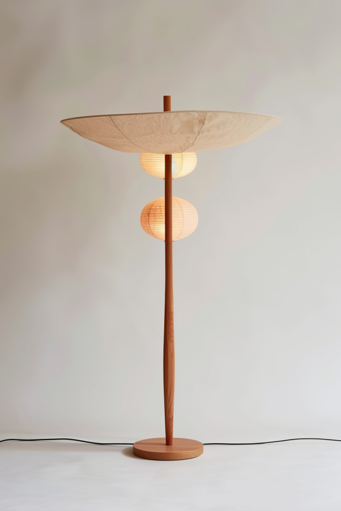 Modern wooden floor lamp with a large flat shade on top and three spherical light sources below, standing against a neutral background.