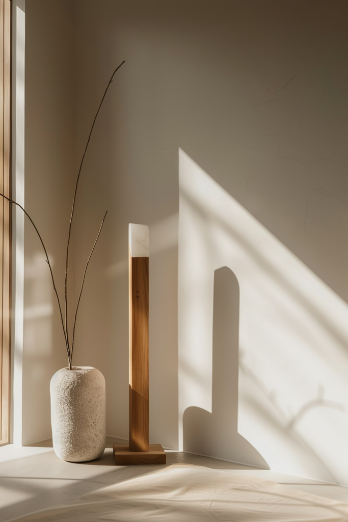 Textured vase with branches and a tall wooden lamp casting long shadows in a serene room lit by natural sunlight.