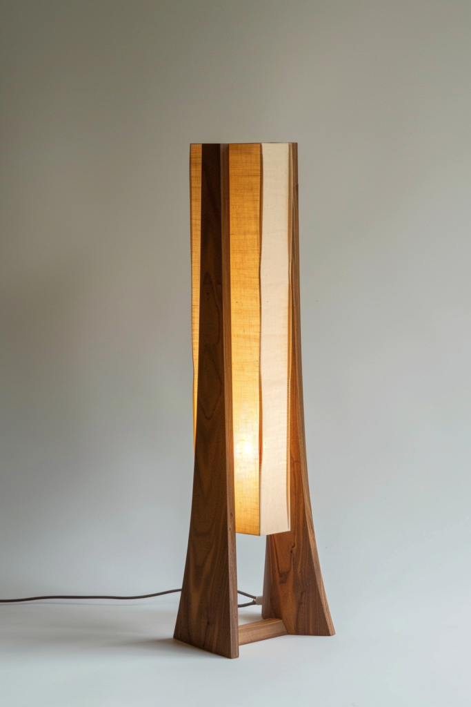 A modern wooden floor lamp turned on, with a warm light shining through its translucent shade, against a plain background.
