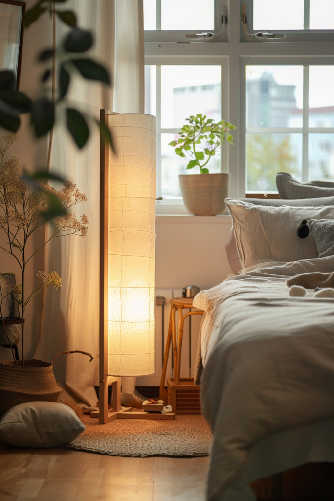 Cozy bedroom corner with a floor lamp, bed, and window, casting warm light and a tranquil ambiance.