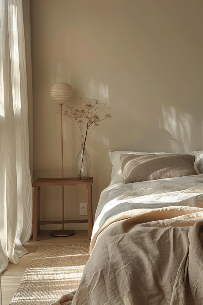 A cozy bedroom corner with natural light, featuring a bed with linens, a floor lamp, side table, and dried flowers in a vase.