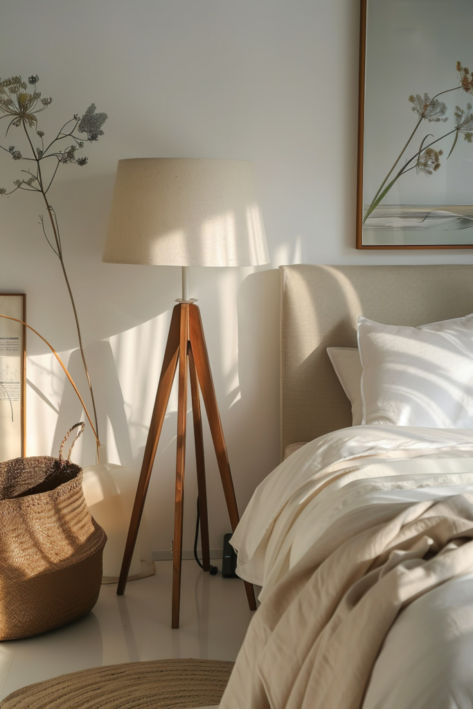 A cozy bedroom corner with a tripod floor lamp, white bedding, dried plants in a basket, and framed wall art in soft sunlight.