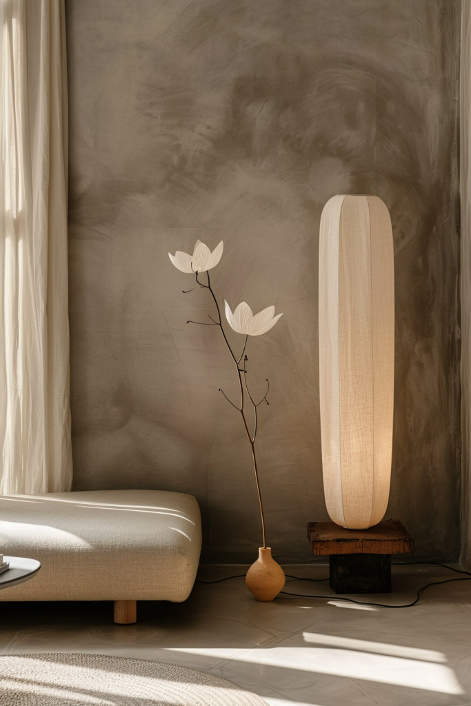 A serene room corner with a tall, floor-standing, cylindrical lamp emitting soft light next to a simple vase with white flowers.