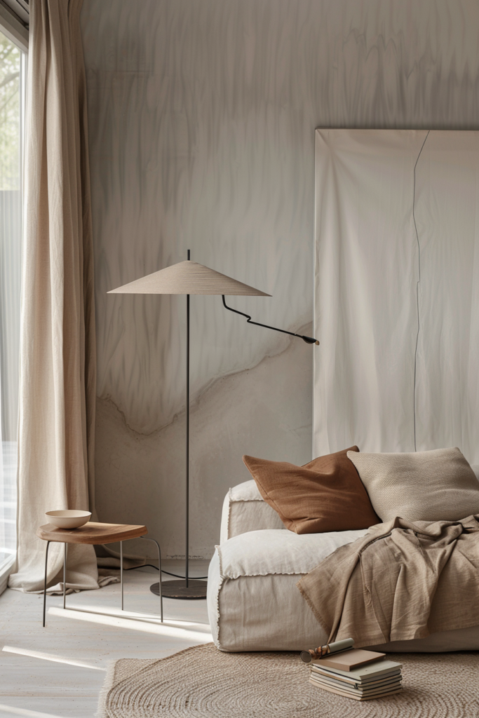 A cozy corner with a beige sofa, decorative pillows, a stylish floor lamp, a small side table, books, and a natural-toned curtain.