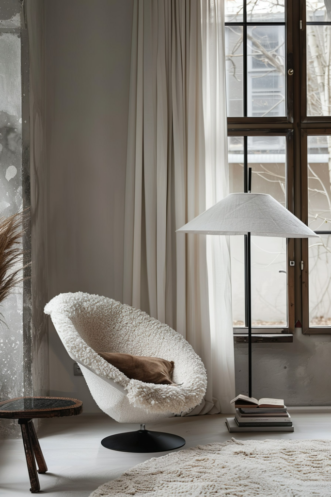 Cozy modern interior with a textured armchair, floor lamp, and books by a window with sheer curtains.
