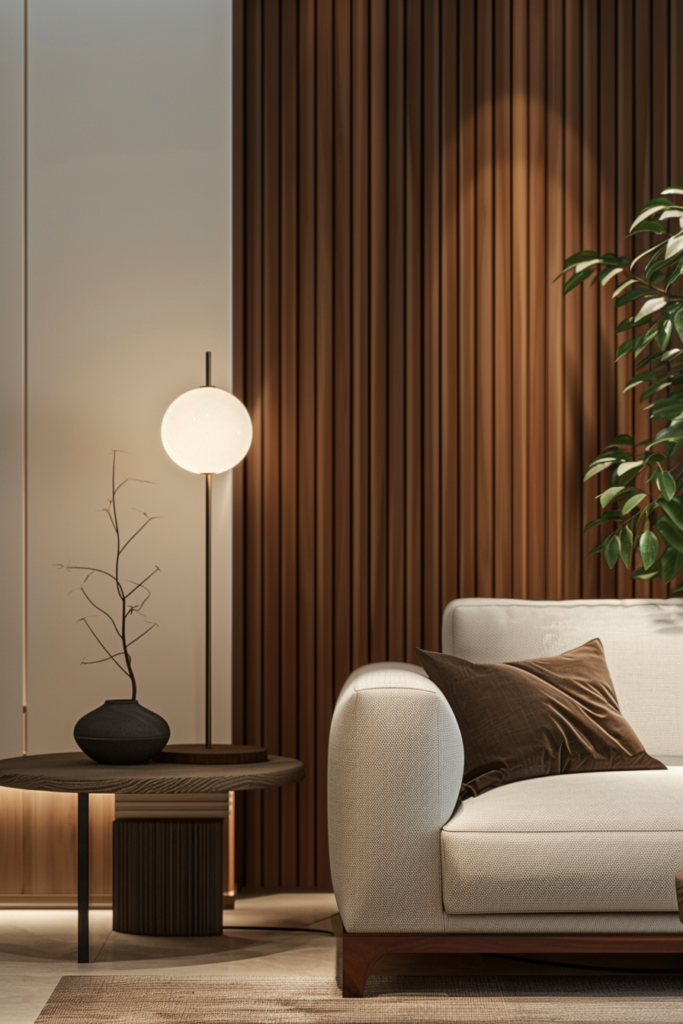 Modern living room corner with a white couch, round side table, standing lamp, and indoor plant against a wooden slat background.