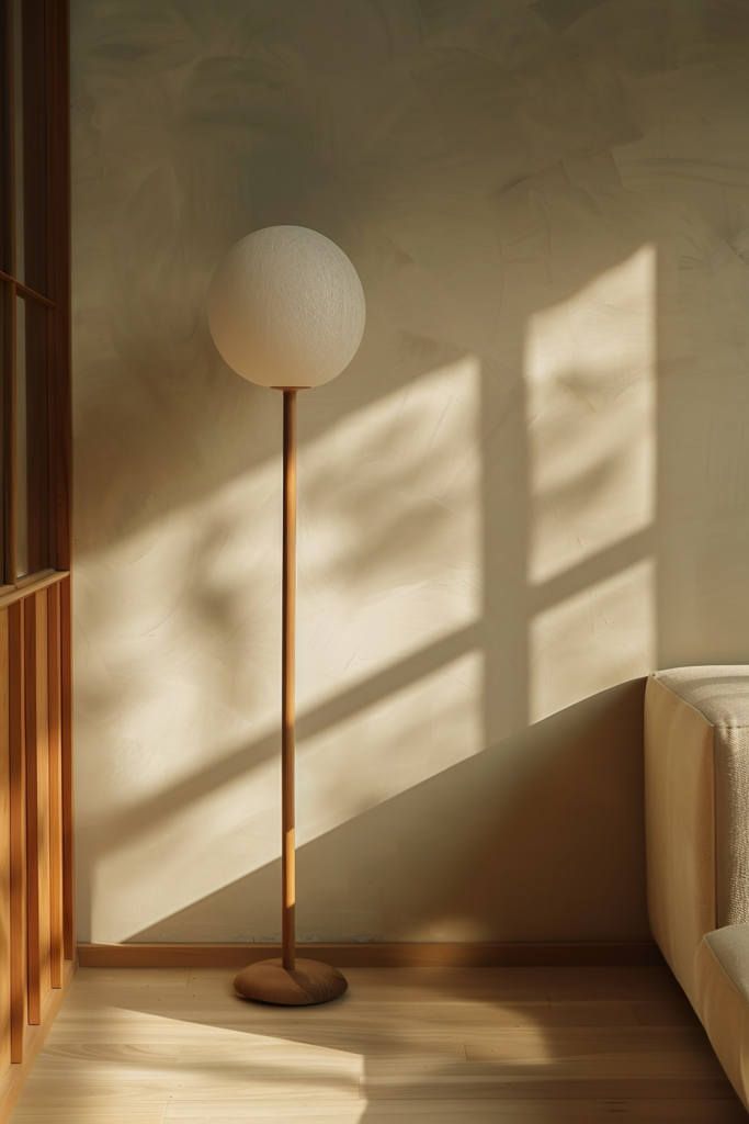 A standing lamp casts shadows on a sunlit wall in a cozy room corner with wooden furnishings.