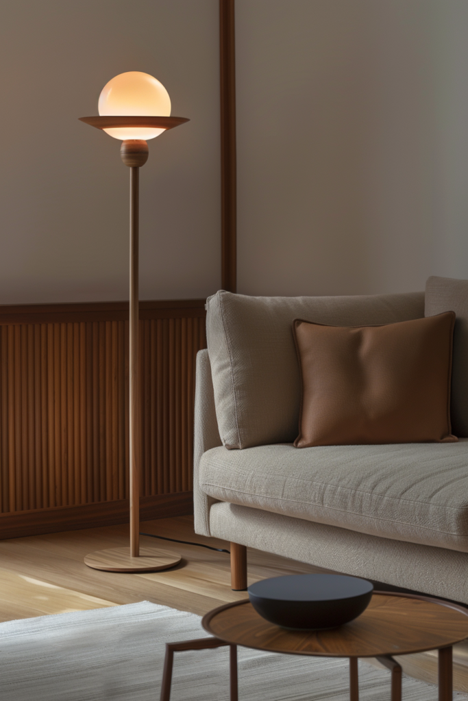 Modern living room with a floor lamp casting a warm glow, next to a beige sofa with brown pillows and a small wooden side table.