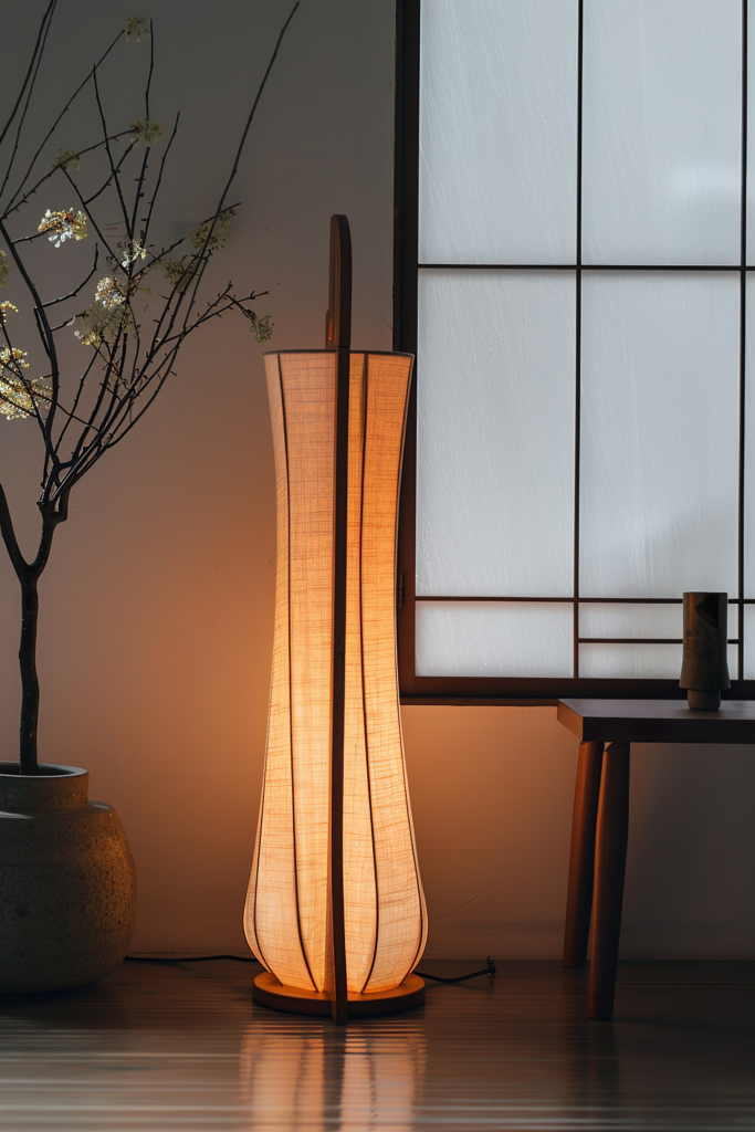 A tall, illuminated floor lamp with a paper shade in a serene room with a Shoji screen and a decorative branch.