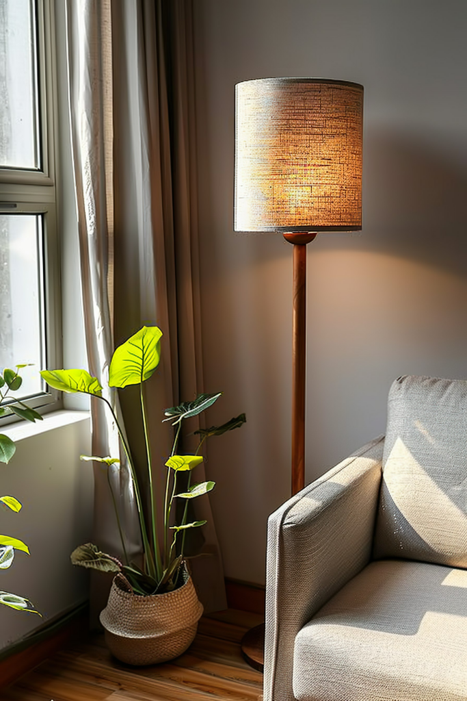 A cozy corner with a floor lamp casting a warm glow beside a potted plant and grey armchair near a window with sheer curtains.