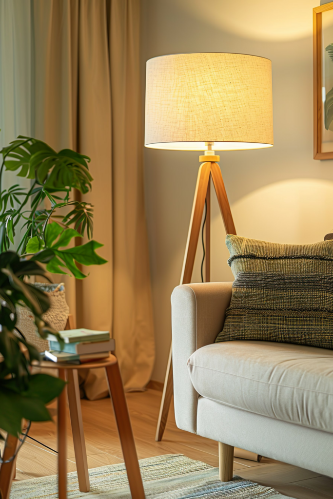 A cozy corner with an illuminated floor lamp next to a beige armchair, green houseplant, and a small table with books.