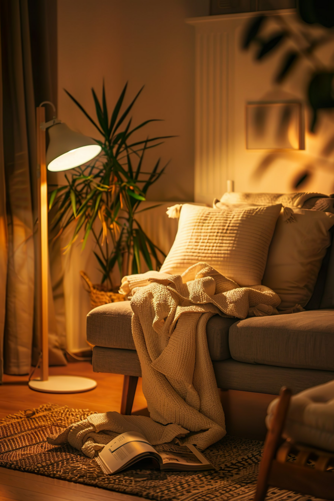 A cozy living room corner with a warm light, featuring a comfortable couch, knitted throw blanket, open book, and indoor plants.