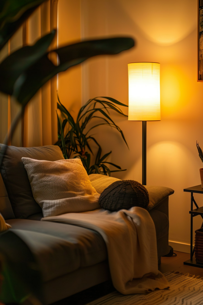 A cozy corner of a room with a floor lamp casting a warm glow, a comfortable chair with cushions, and indoor plants.