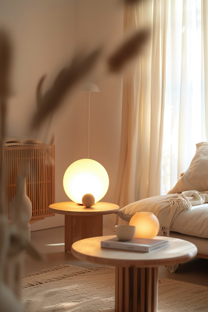 Cozy bedroom corner with glowing table lamps, books, decorative objects, and soft textiles, casting a warm, inviting light.
