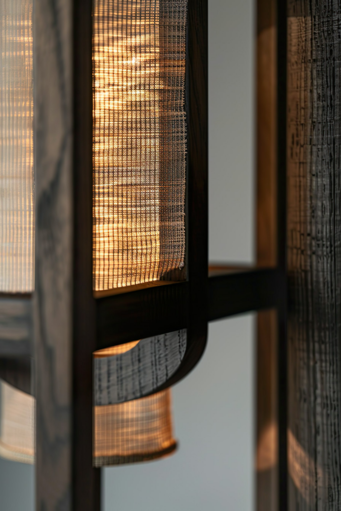 Warm light glowing through textured shades of a modern lamp.