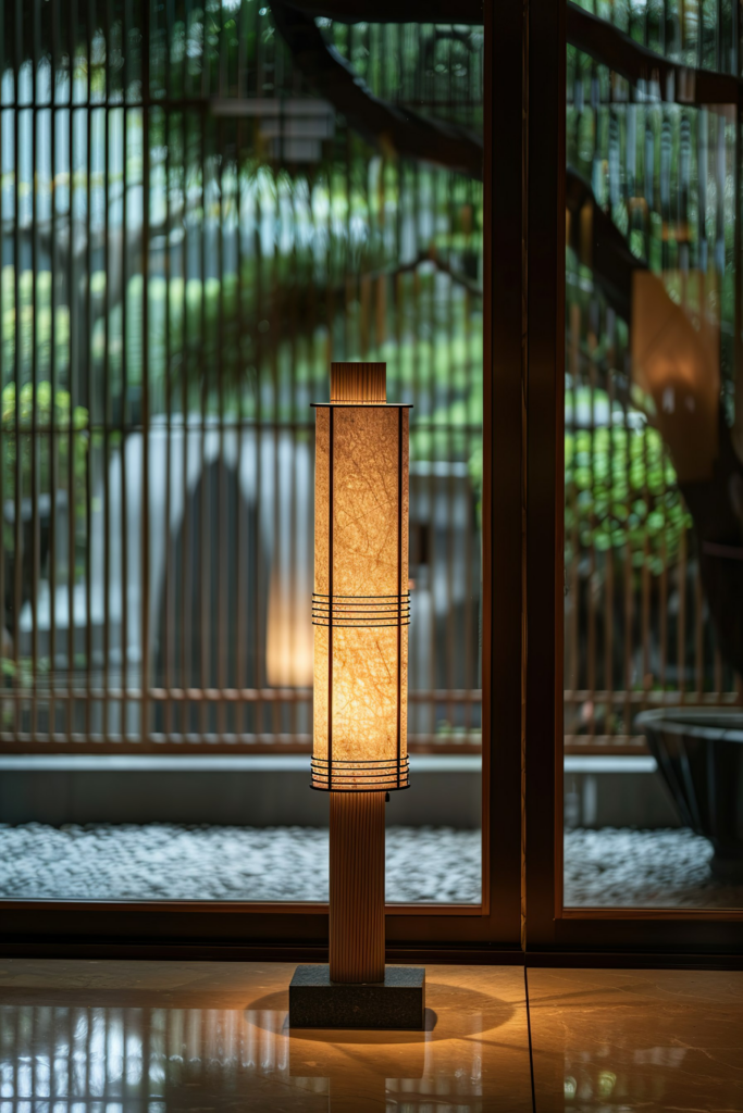 ALT: A traditional-style floor lamp illuminates with a warm glow against a backdrop of a garden viewed through modern glass and wood slat walls.