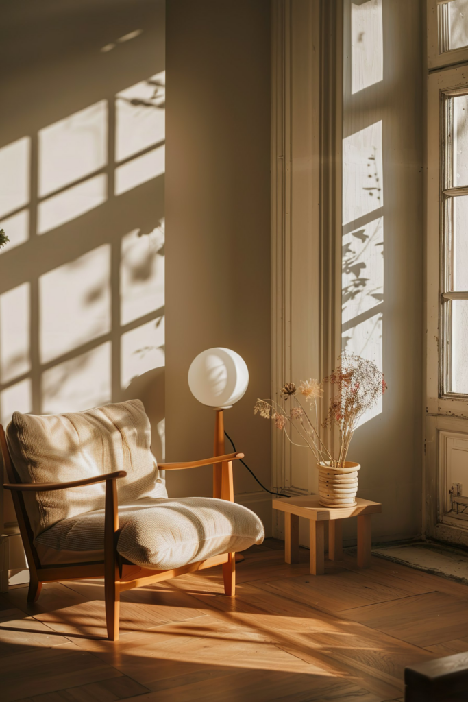 A cozy armchair and a round table with a vase of dried flowers, bathed in warm sunlight beside a large window casting shadow patterns on the floor.