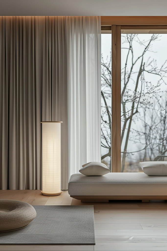 ALT text: "A minimalist bedroom with a low bed, sheer window curtains, a floor lamp, and a view of bare tree branches outside."