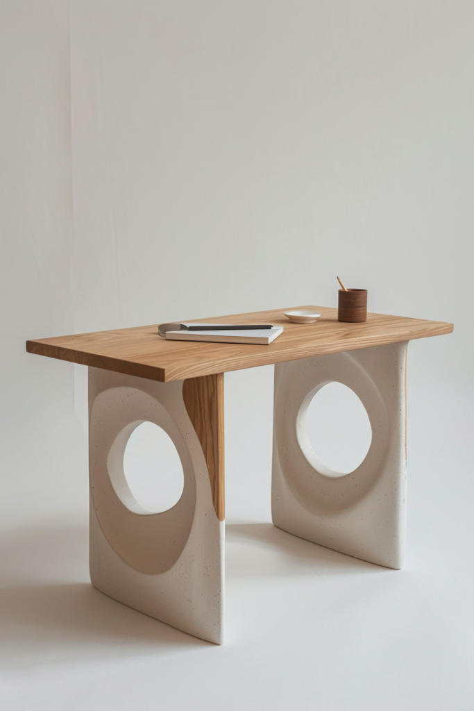 A modern wooden desk with unique circular cut-outs in the stone-like legs, adorned with a laptop, a pen, and small wooden bowls.