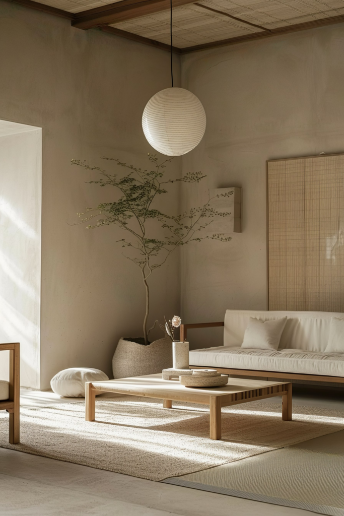 A tranquil living room with minimalistic decor, featuring a hanging paper lantern, a tree branch painting, and earth-toned furnishings.