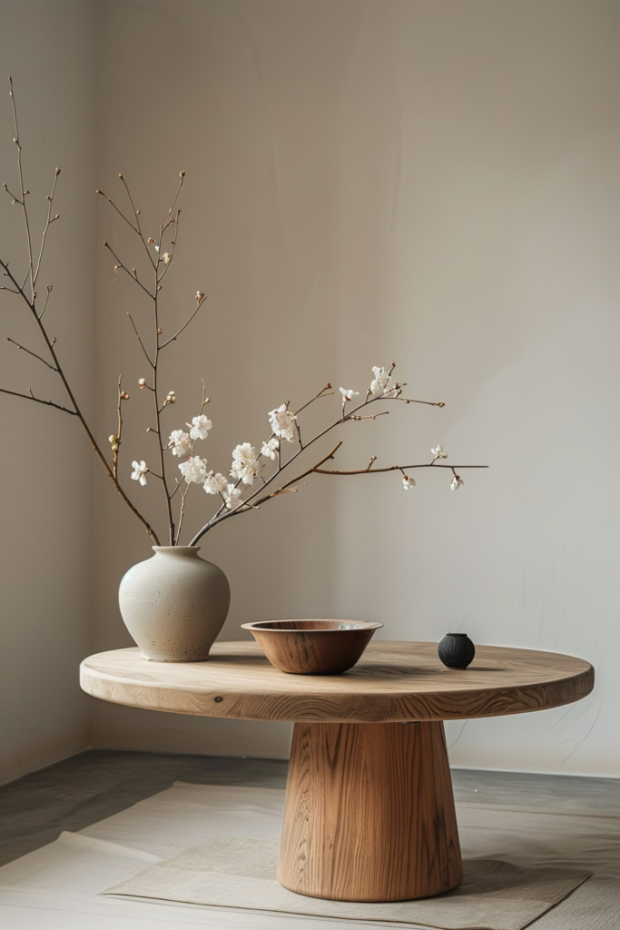 ALT: A minimalist wooden table with a ceramic vase holding cherry blossoms, flanked by two wooden bowls, against a soft beige background.